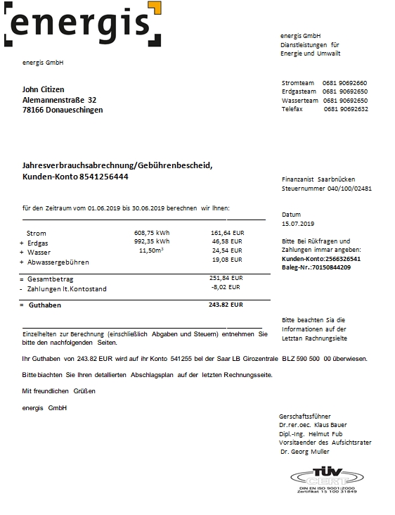 Germany Energis utility bill
